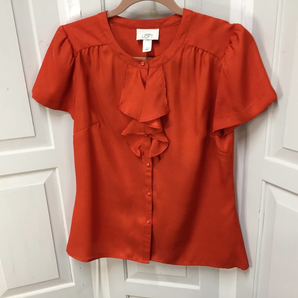LOFT Orange Button Down Blouse w/ Ruffle Detail - Picture 9 of 16